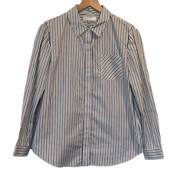 Milly Fractured Sleeve Gray Striped Button Down, Long Sleeve Cotton Blouse, 10 - Picture 2 of 16